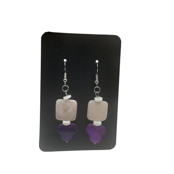 Handcrafted Pink White Purple Beaded Hook Earrings Silver Accents Dangle - Picture 2 of 3